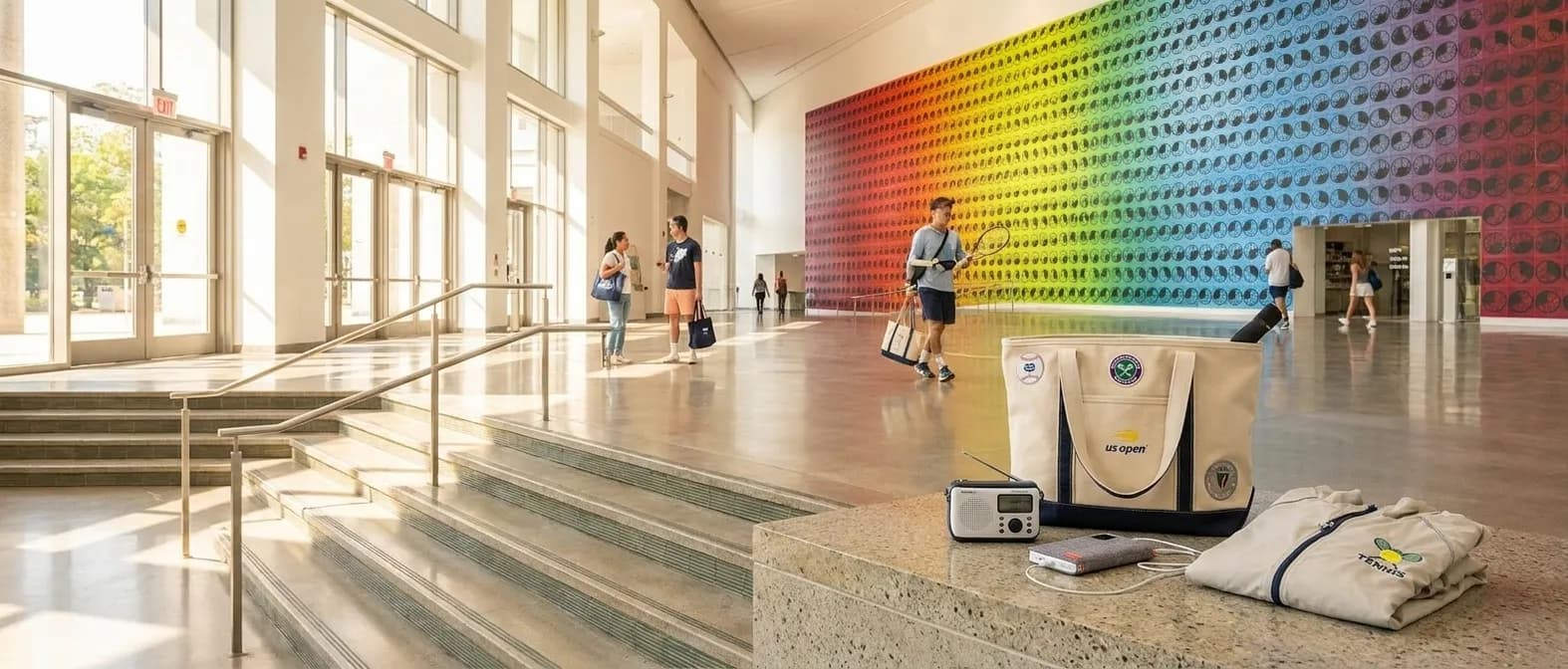 A colorful Queens museum lobby with a tennis tote, power bank, weather radio, and light jacket.
