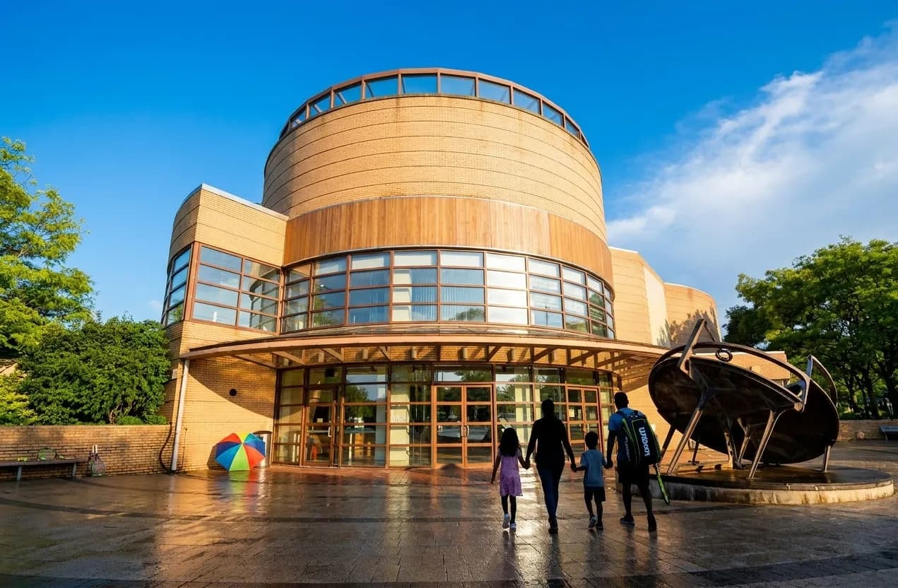 A bright Queens science museum exterior after rain with an umbrella and tennis backpack near the entrance.