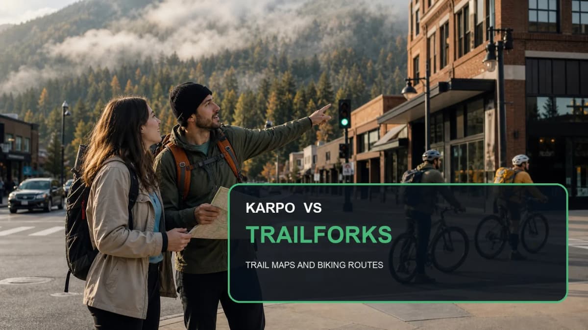 Karpo versus Trailforks in a photorealistic editorial comparison.