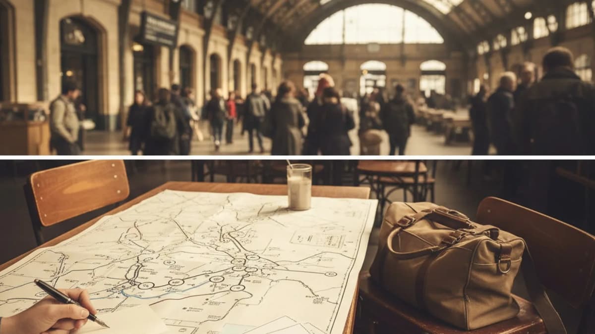 Real-world editorial scene showing Karpo's proactive local planning compared with Trainline