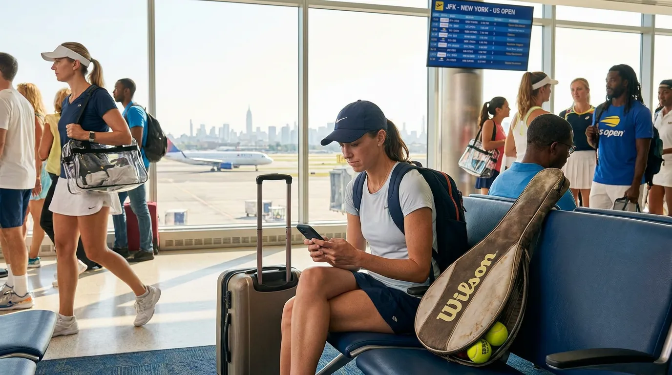 Photorealistic US Open tennis scene for Travel Warning Checks Before Your US Open Flight.