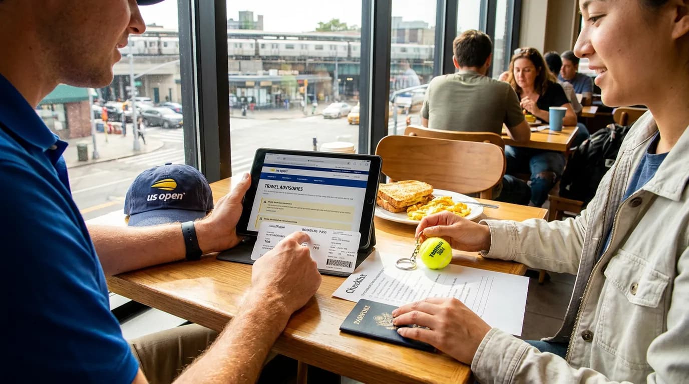 Photorealistic tennis scene illustrating Travel Warning Checks Before Your US Open Flight.