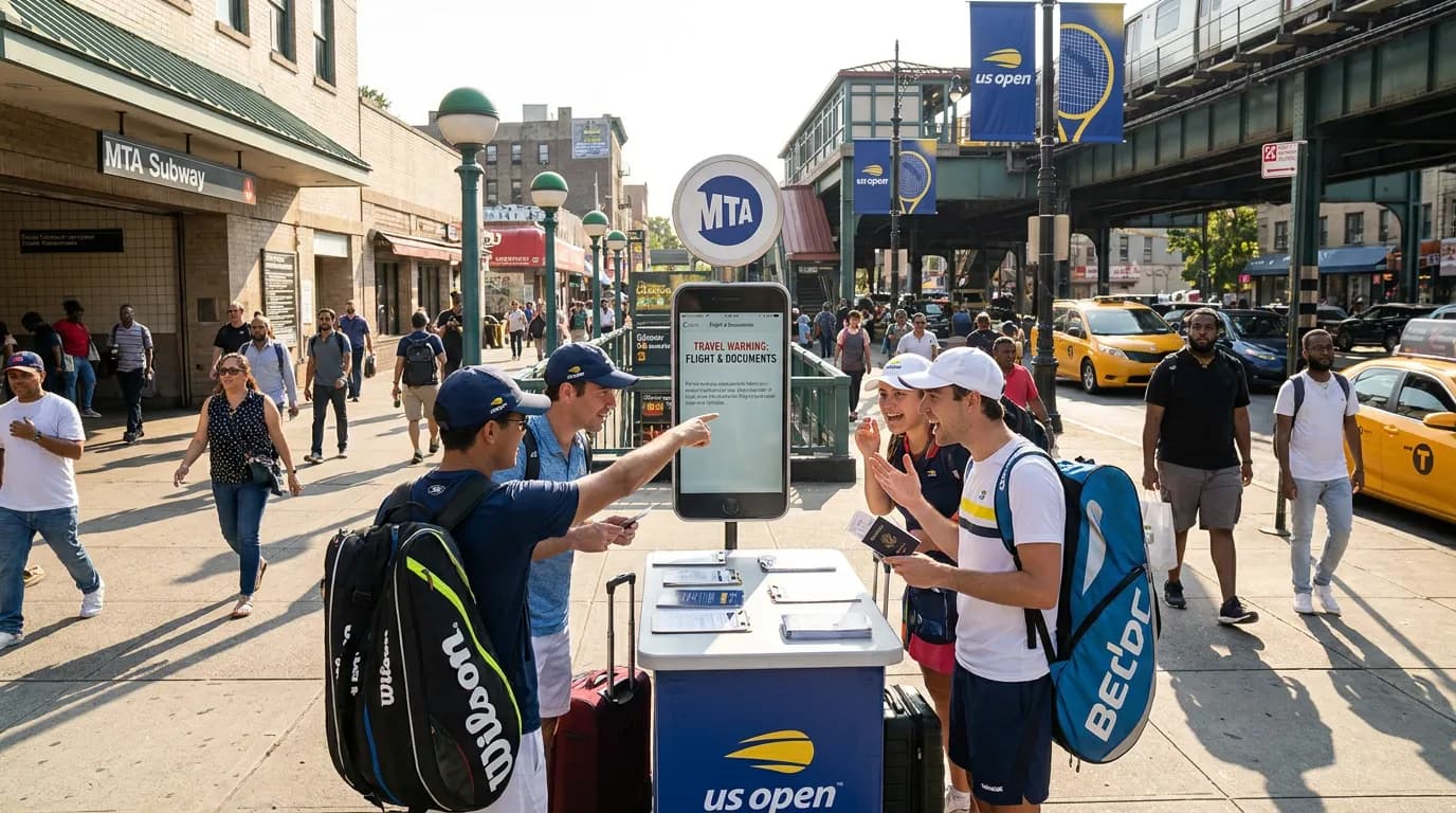 Bright US Open tennis atmosphere illustrating Travel Warning Checks Before Your US Open Flight.