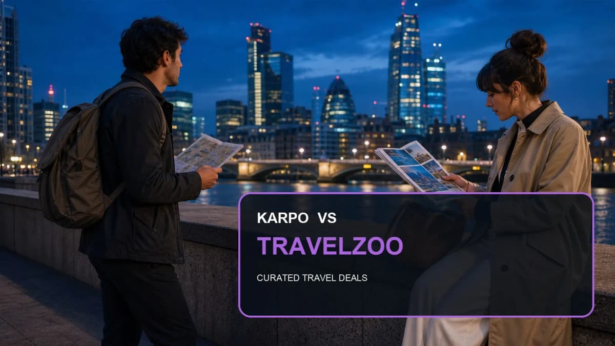 Karpo versus Travelzoo in a photorealistic editorial city comparison.