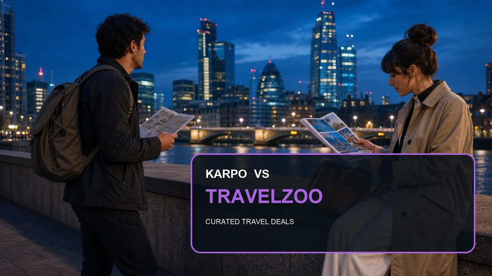 Karpo versus Travelzoo in a photorealistic editorial city comparison.