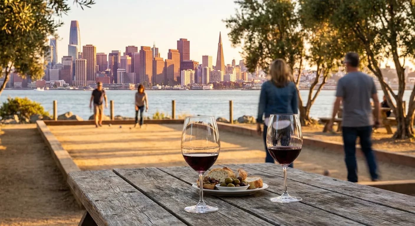 Two glasses of red wine on a waterfront winery table with the San Francisco skyline across the bay at golden hour
