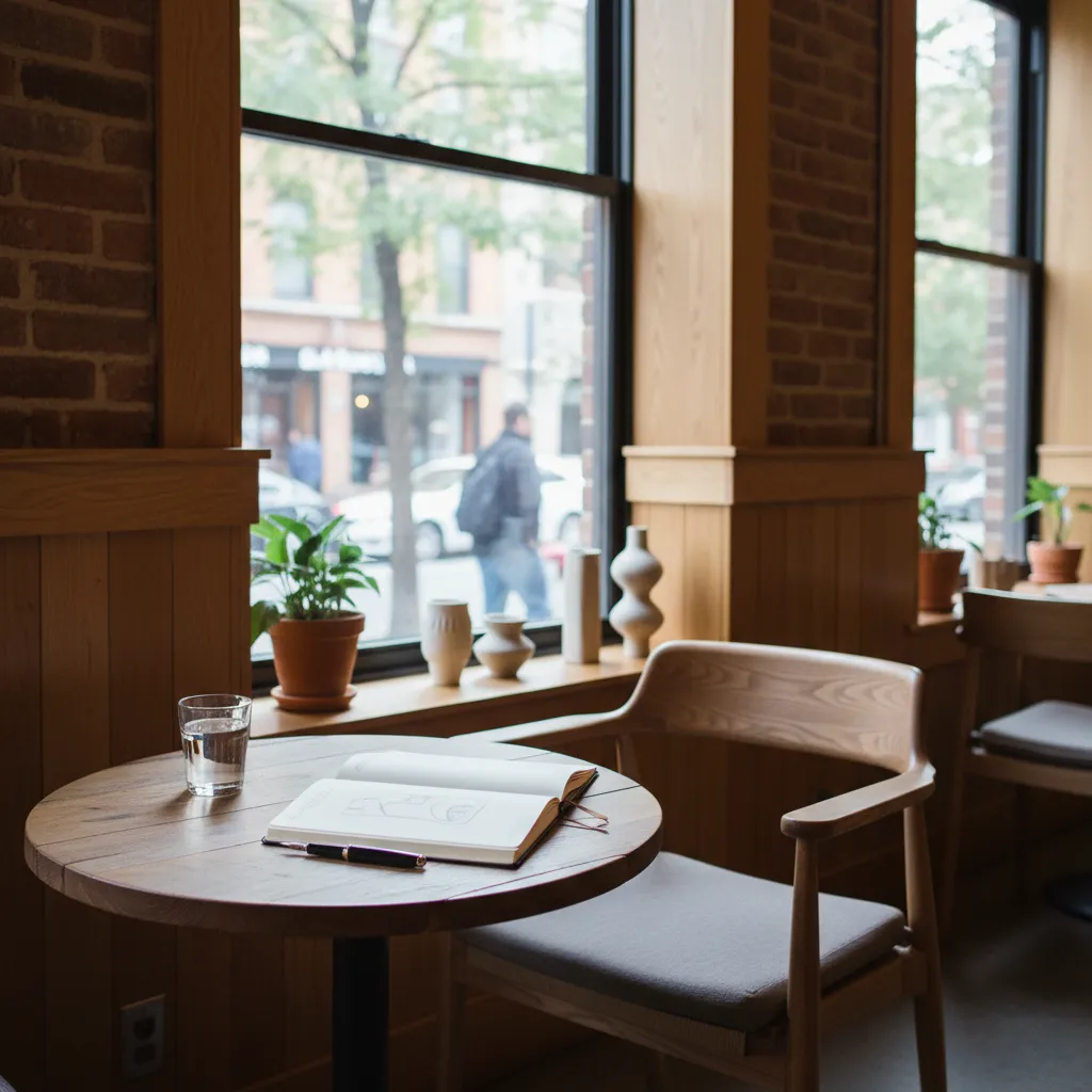 Quiet Brooklyn cafe table for a sensory reset near an arena district.