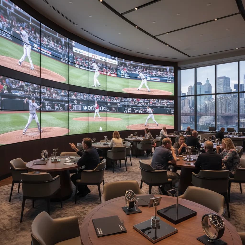 A NYC sports watch room with screens, seating, and clear walking space.