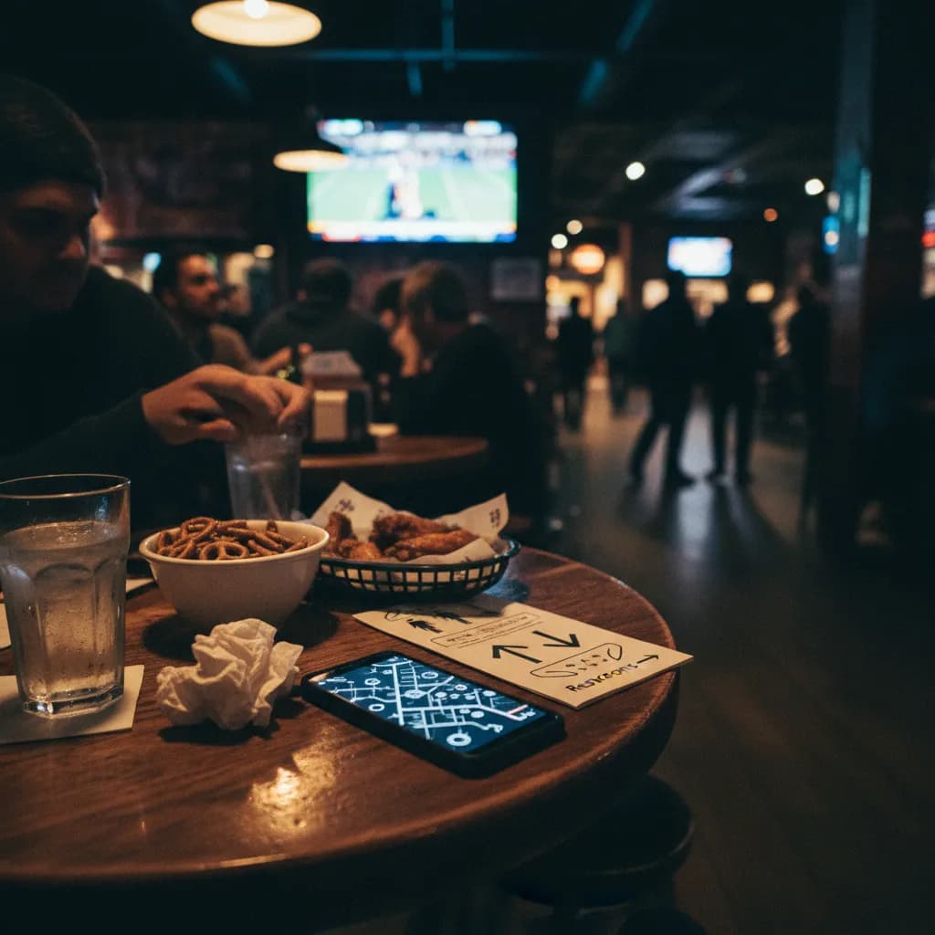 A sports watch table planned around seating and restroom access.