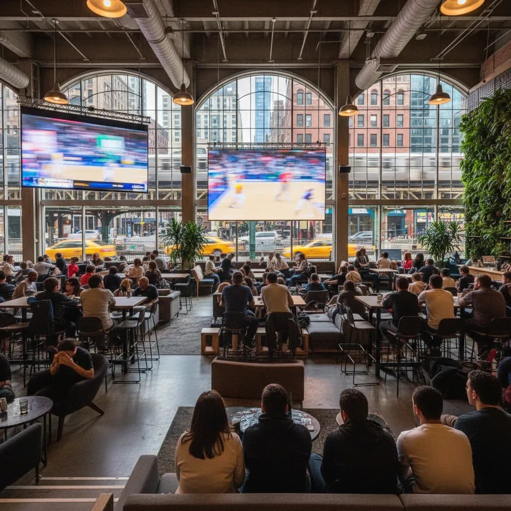 A transit-friendly NYC sports viewing area with seated crowd flow.