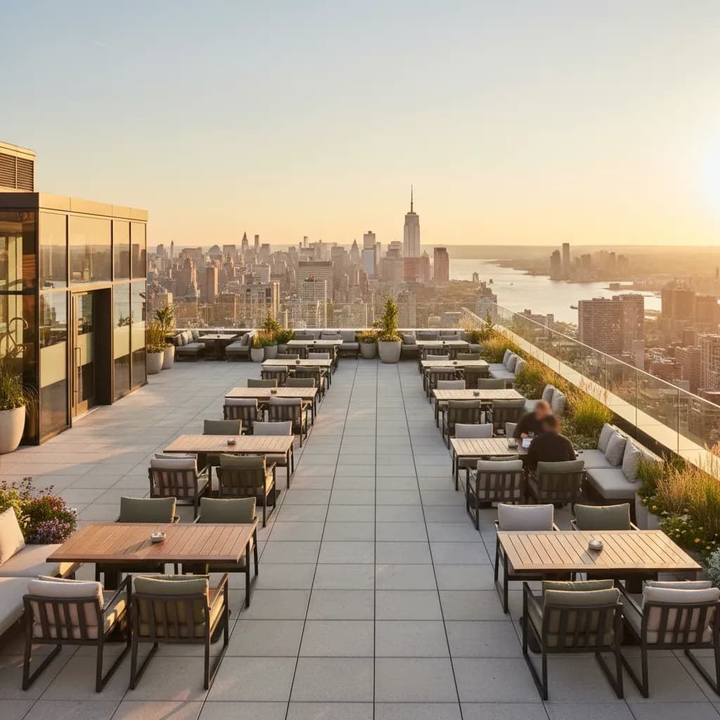 A step-free rooftop dining terrace in New York City at golden hour.