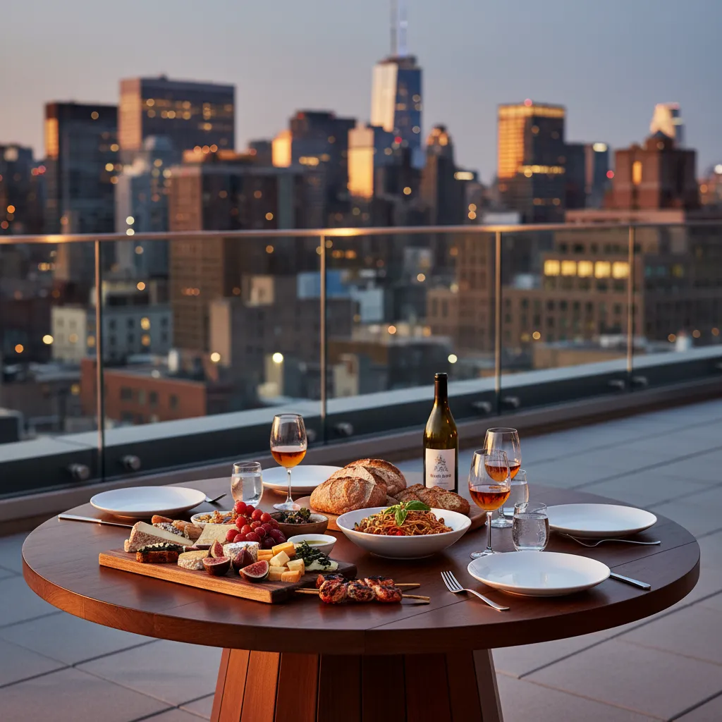 NYC rooftop dining table with skyline views and room to move.