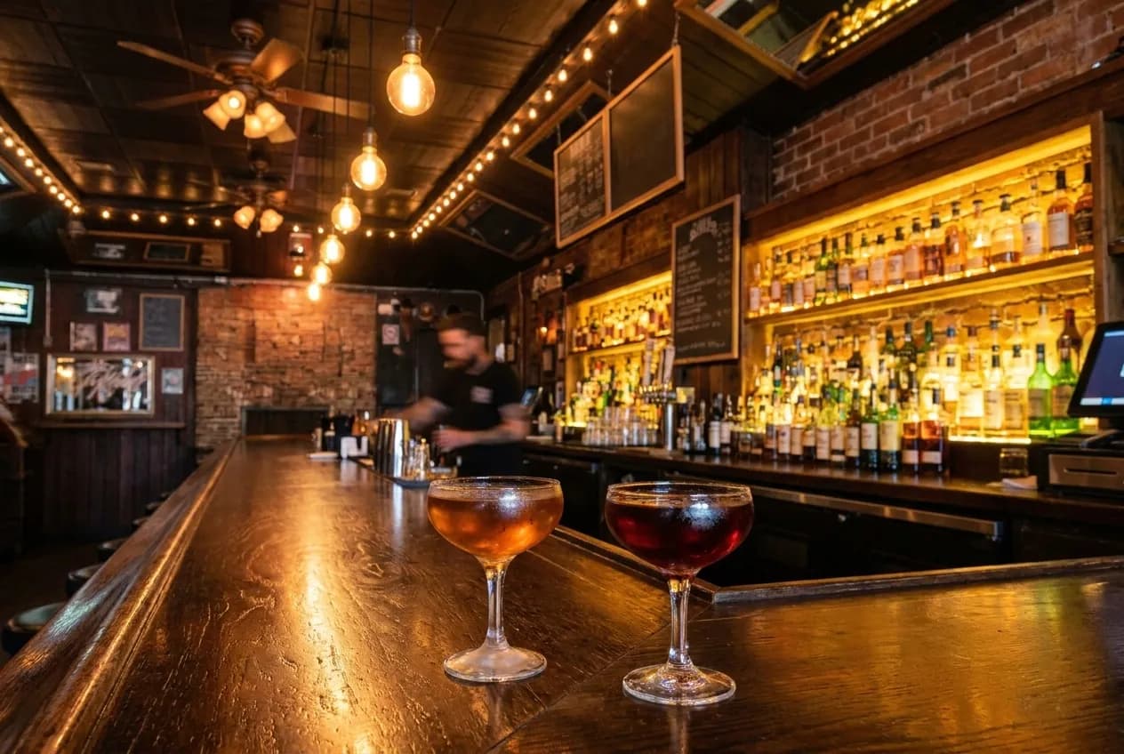 Warm-lit bar counter with craft cocktails and exposed brick walls in a Victorian San Francisco interior