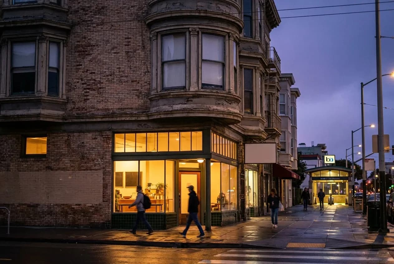 Victorian building exterior on a Mission District street at dusk with warm interior light glowing through windows