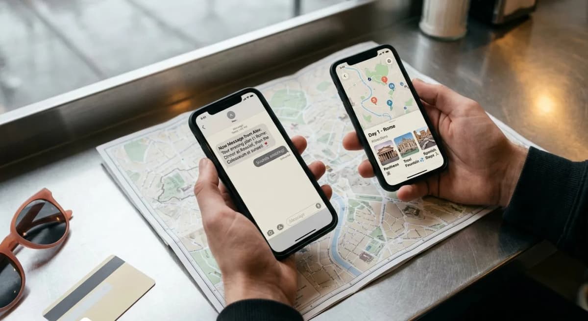 Two phones compare Karpo proactive iMessage planning with a Tripomatic-style day-by-day sightseeing map.
