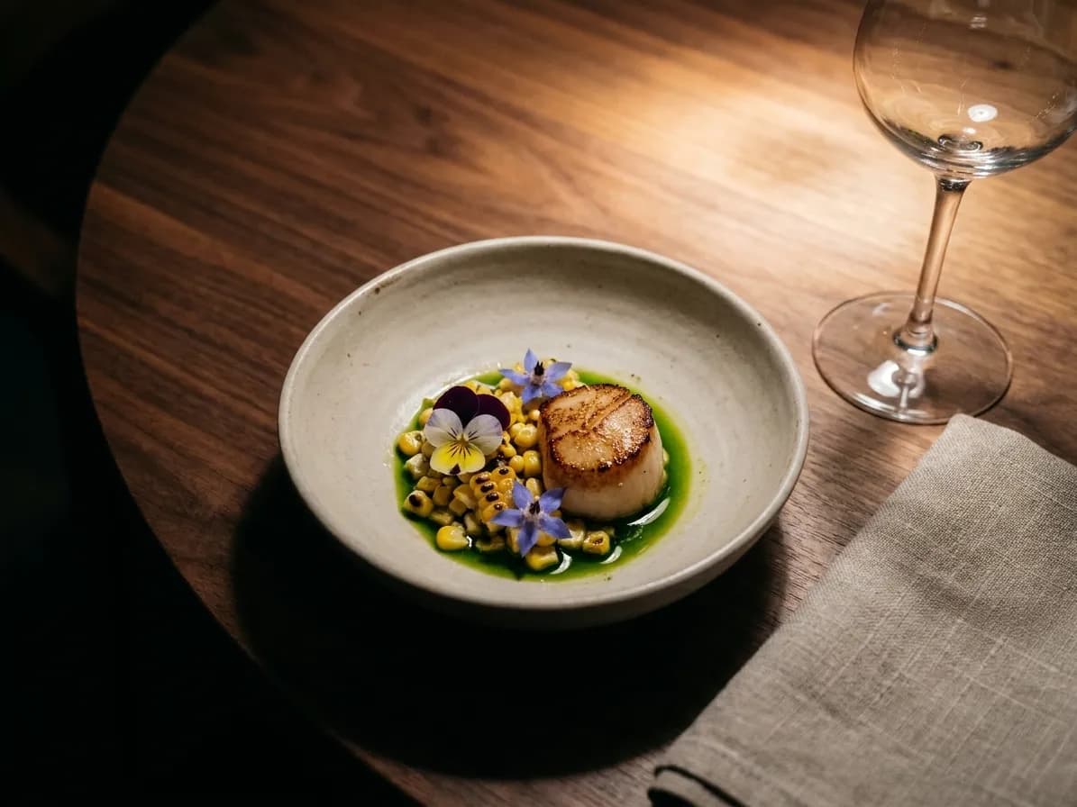 A single seared scallop with charred corn, herb oil and edible flowers in a shallow ceramic bowl on a dark walnut table under low restaurant light