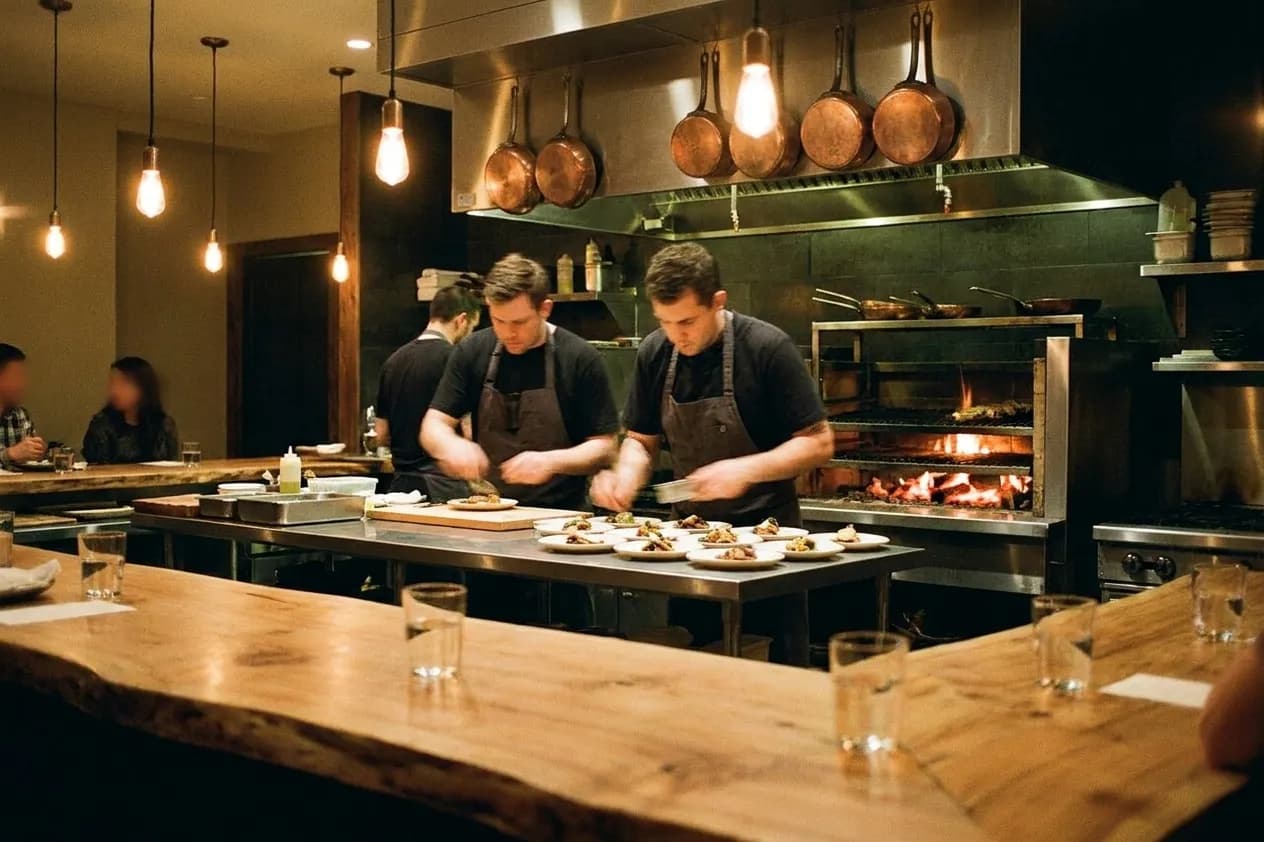 View from a long communal wooden counter toward a restaurant open kitchen where two cooks plate small courses beside a wood-fired grill