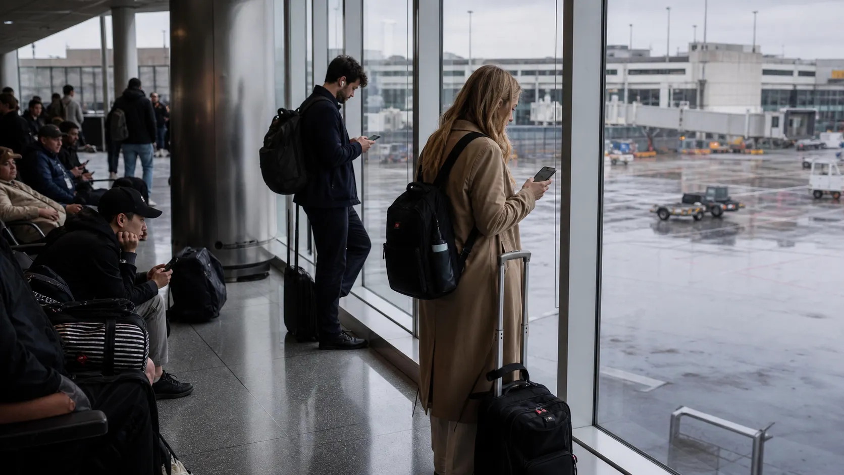 Travelers check phones inside a rainy New York airport terminal.
