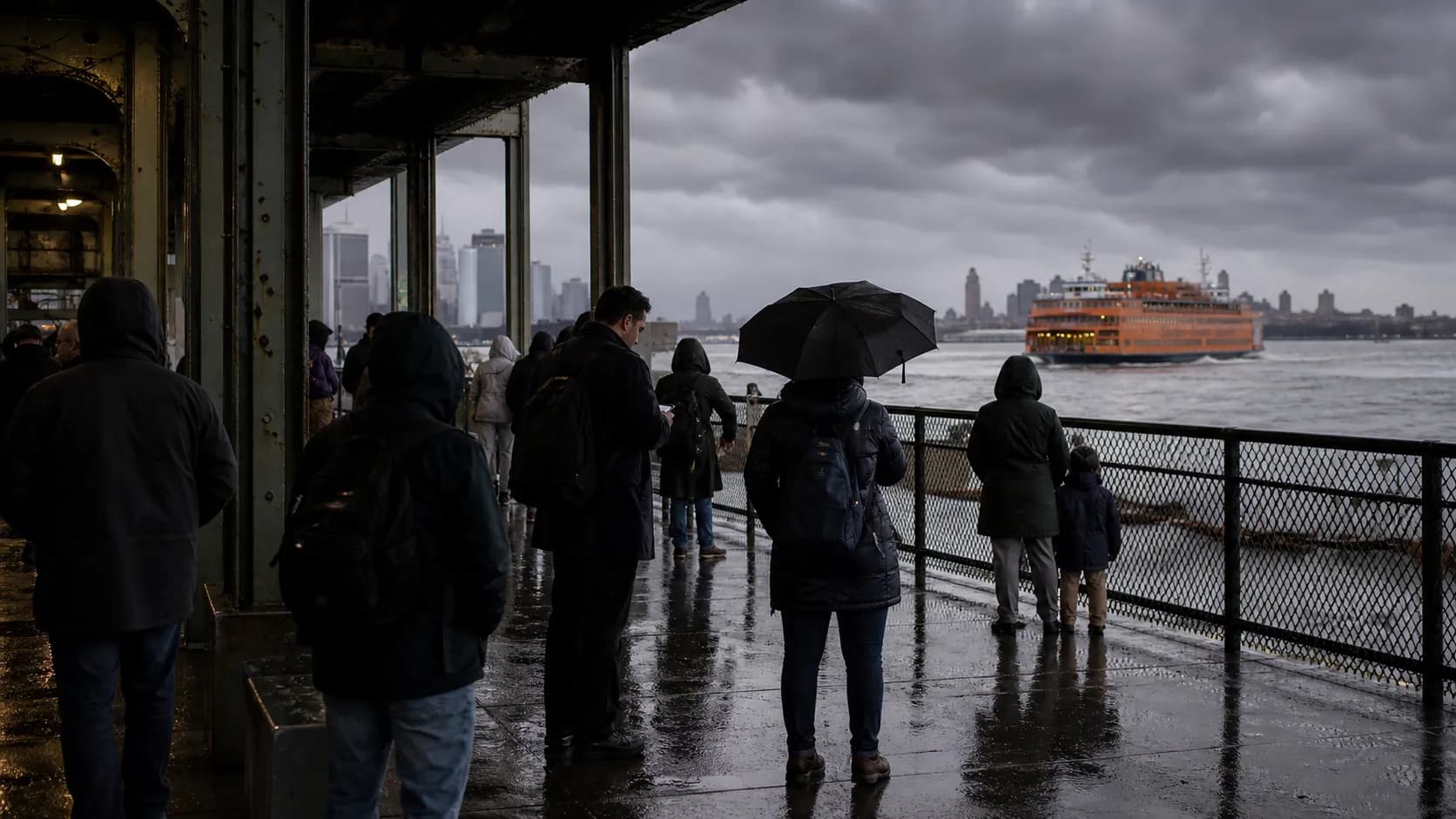 Commuters wait near the Staten Island Ferry during wet weather.