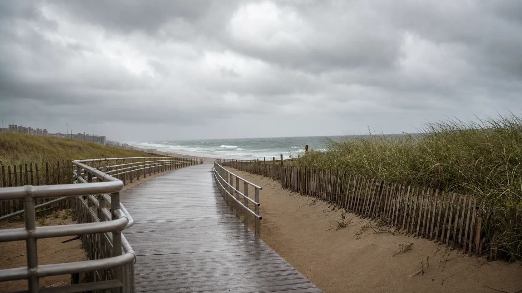 A cloudy Rockaway Beach boardwalk shows unsettled coastal weather.