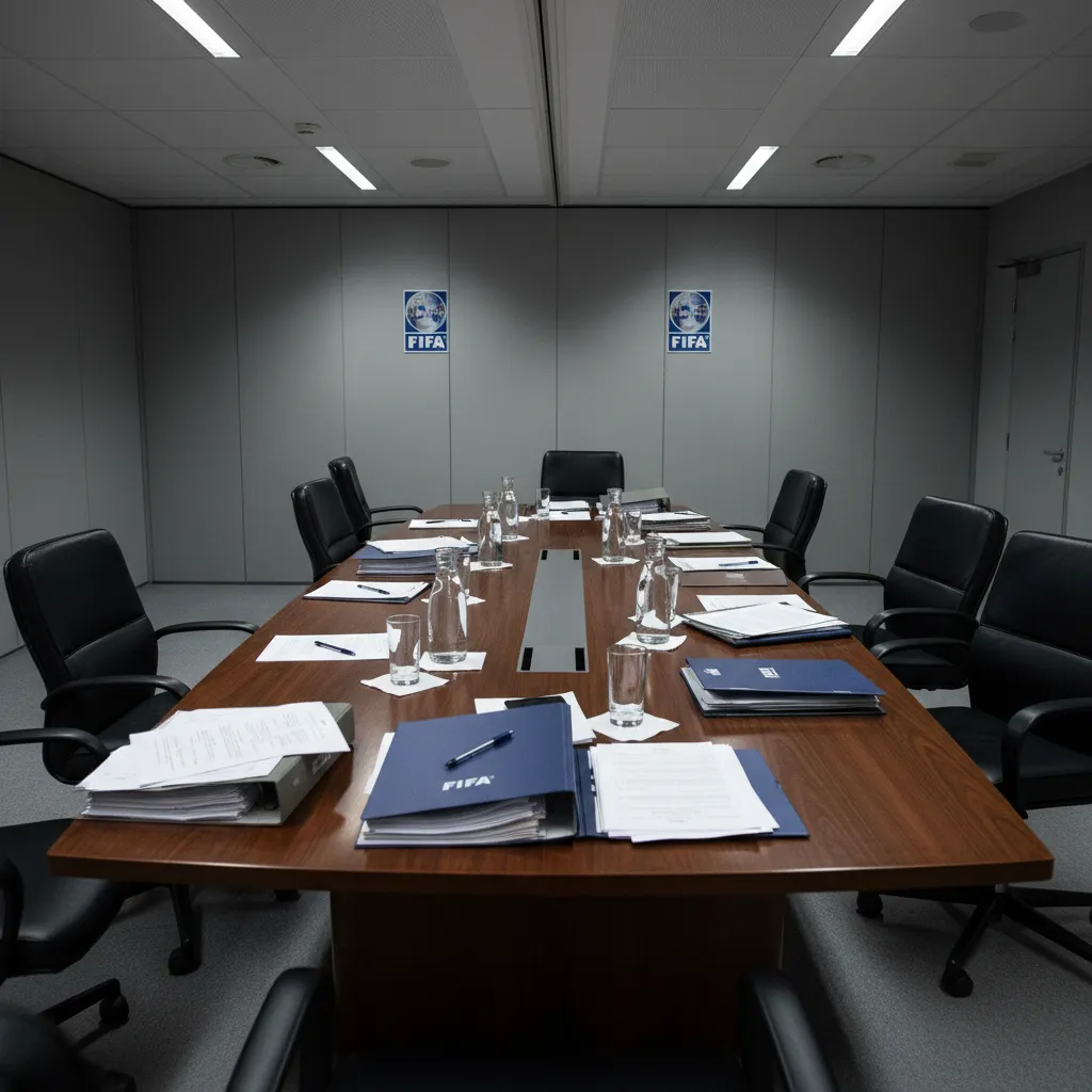 A FIFA conference room after an emergency disciplinary committee meeting