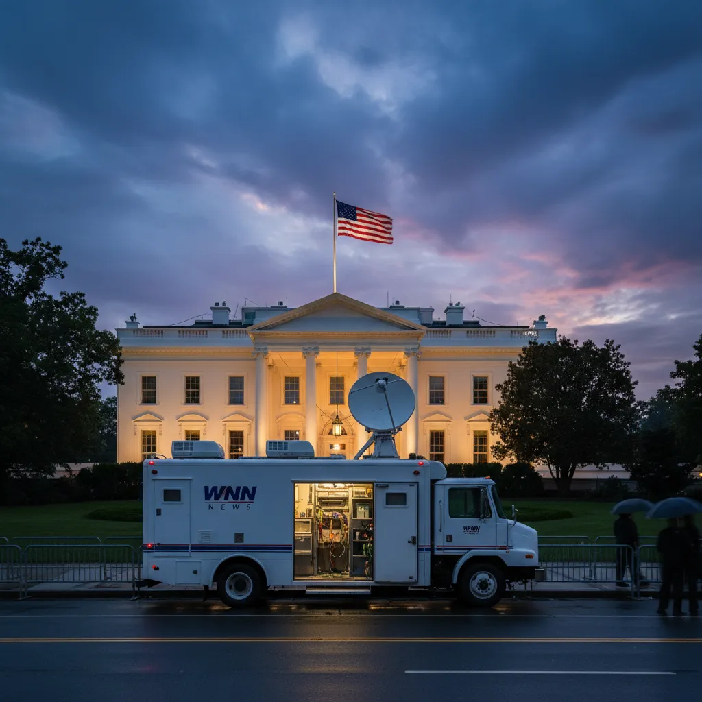 The White House at dusk with a satellite truck parked outside during World Cup coverage