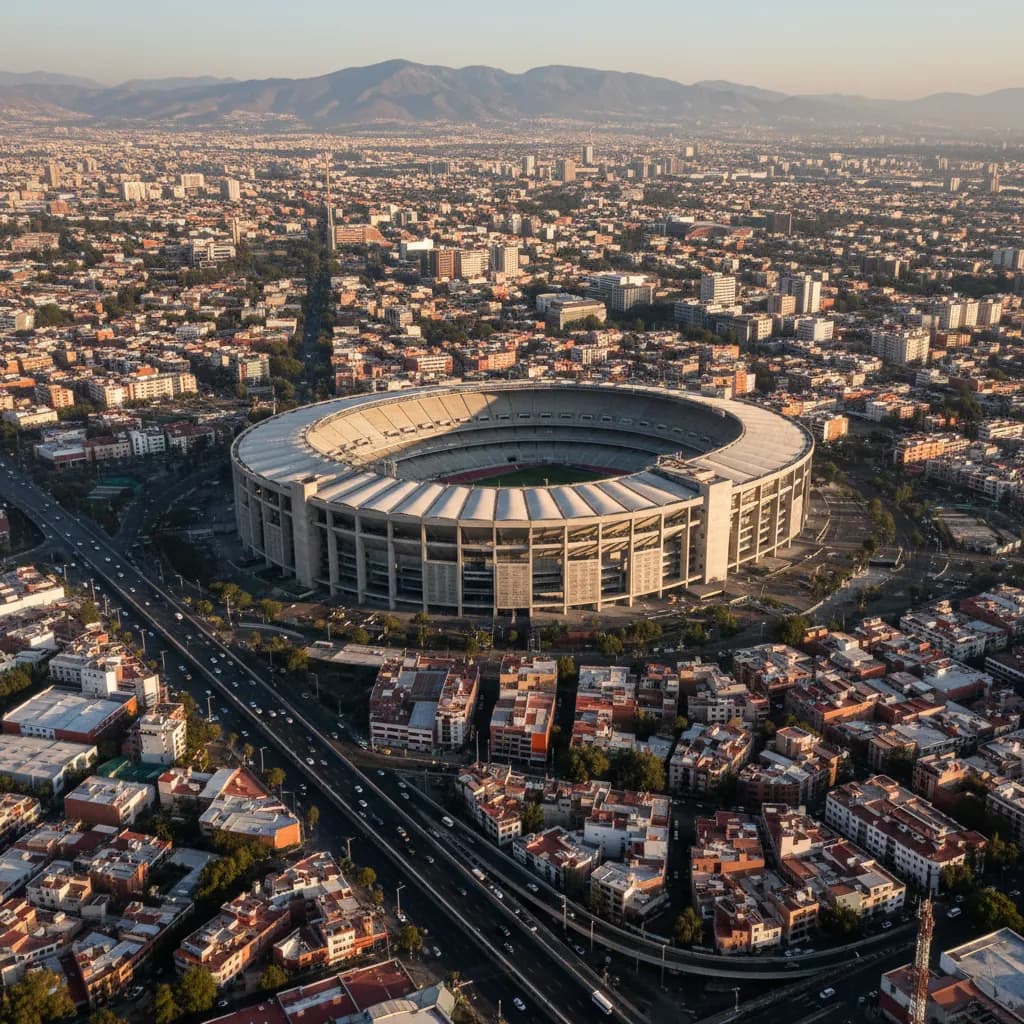 Estadio Azteca in Mexico City from above with the vast urban sprawl and mountains behind