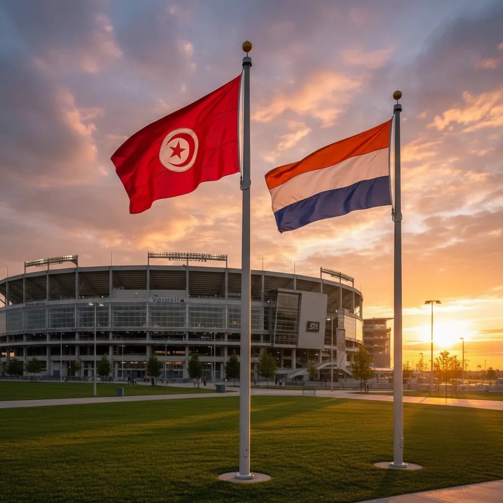 Tunisian and Dutch flags flying side by side outside MetLife Stadium during World Cup 2026