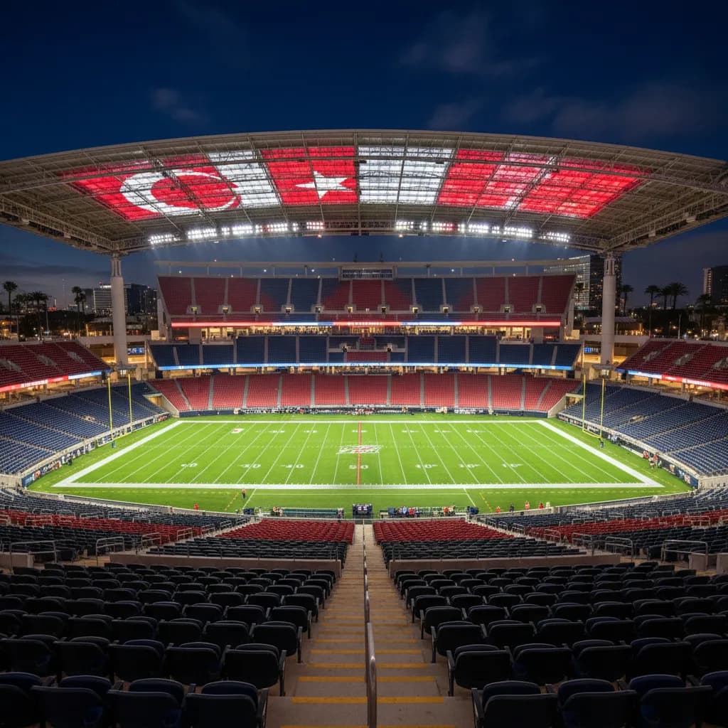 SoFi Stadium in Los Angeles illuminated at night during the Turkey vs USA World Cup 2026 match