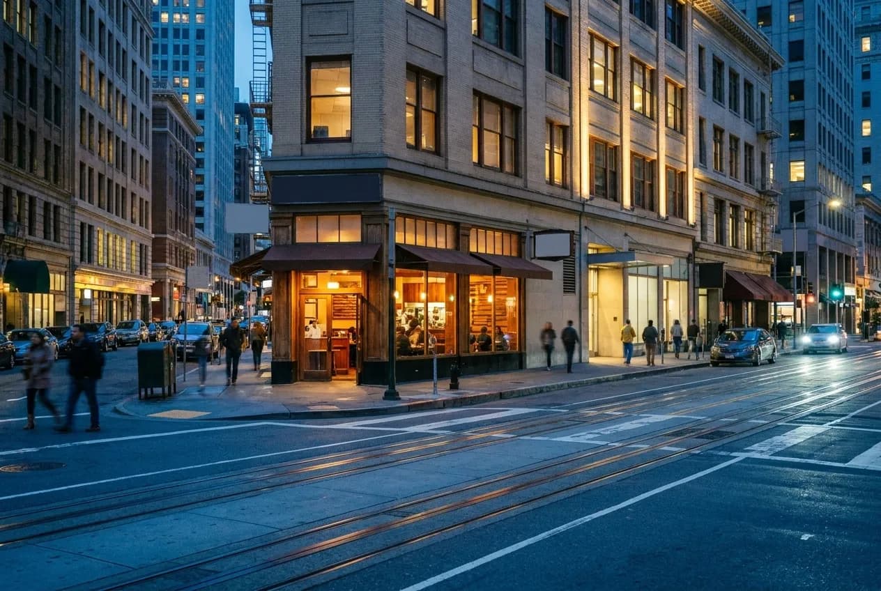 A restaurant exterior on California Street in San Francisco's Financial District at twilight with warm interior light.