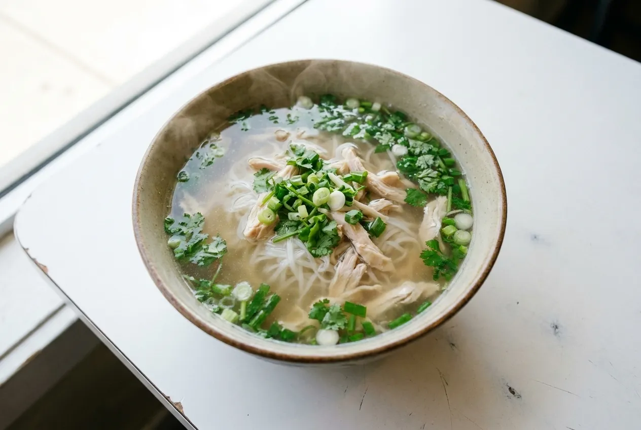 An overhead view of a bowl of Northern Vietnamese chicken pho with clear broth, rice noodles, and fresh herbs.