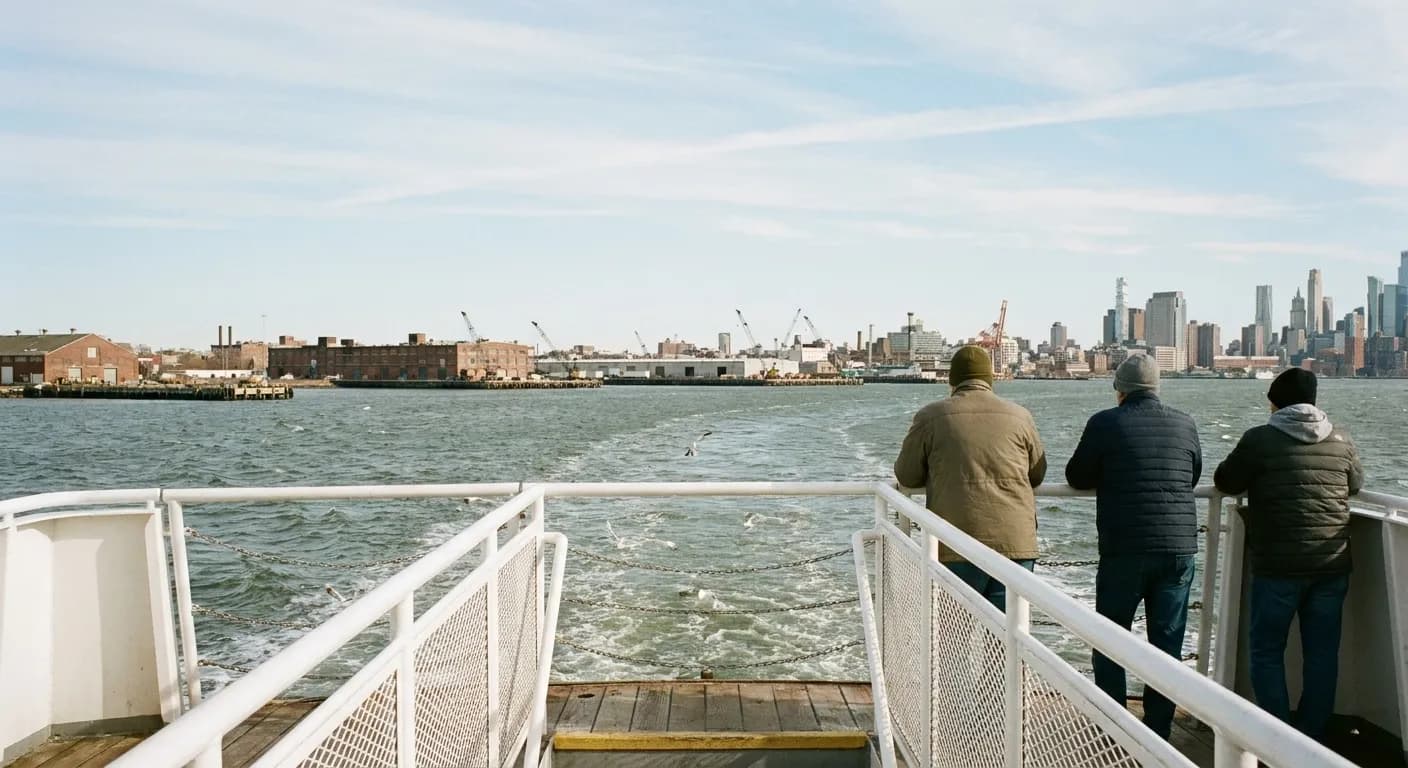 A New York harbor ferry crossing on a bright morning, three passengers at a white railing above choppy water with warehouses and distant towers