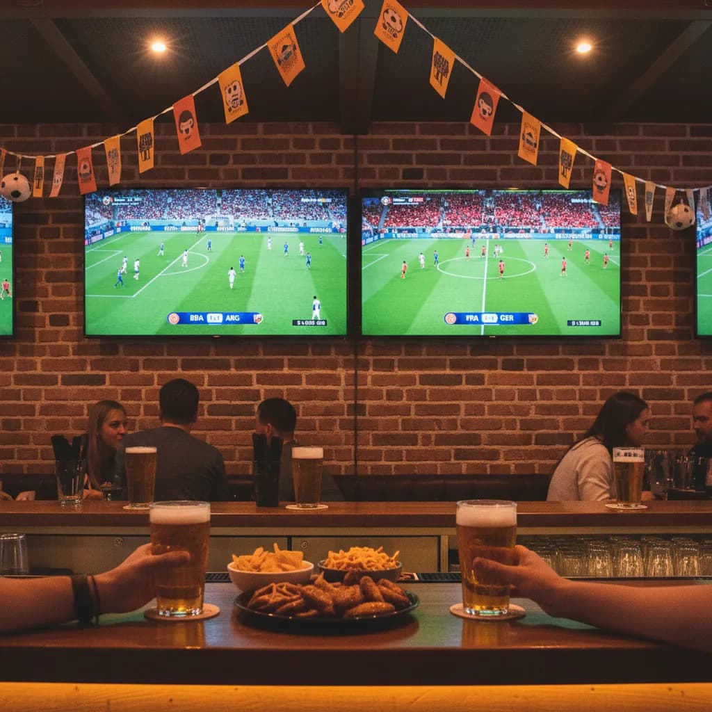 A sports bar shows two World Cup matches on split screens