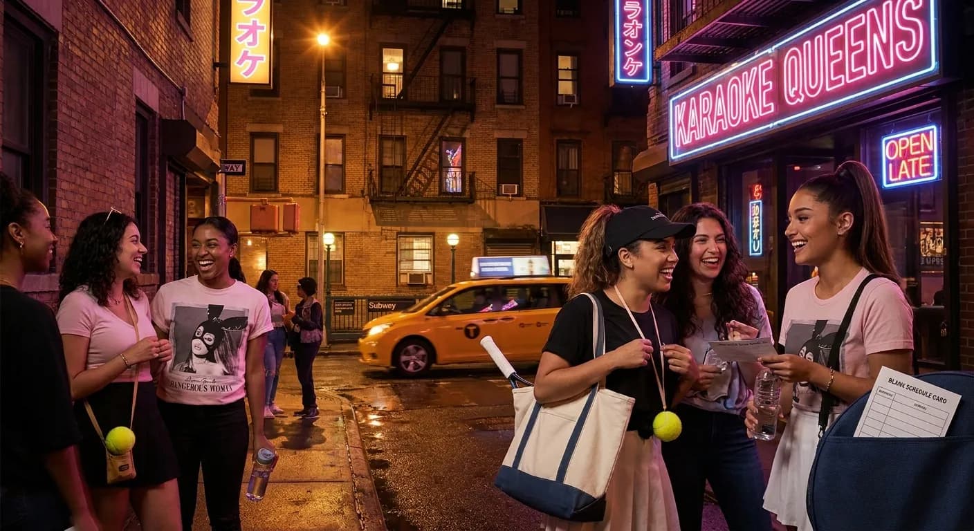 Bright New York local-life cover for Ariana Grande Fans: Best Queens Karaoke Bars Near 2026 US Open.