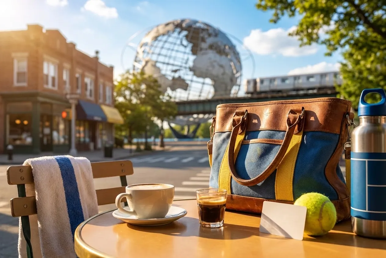 Bright realistic US Open 2026 local-life cover for Lucy Davis Guide For US Open 2026 Coffee Route.