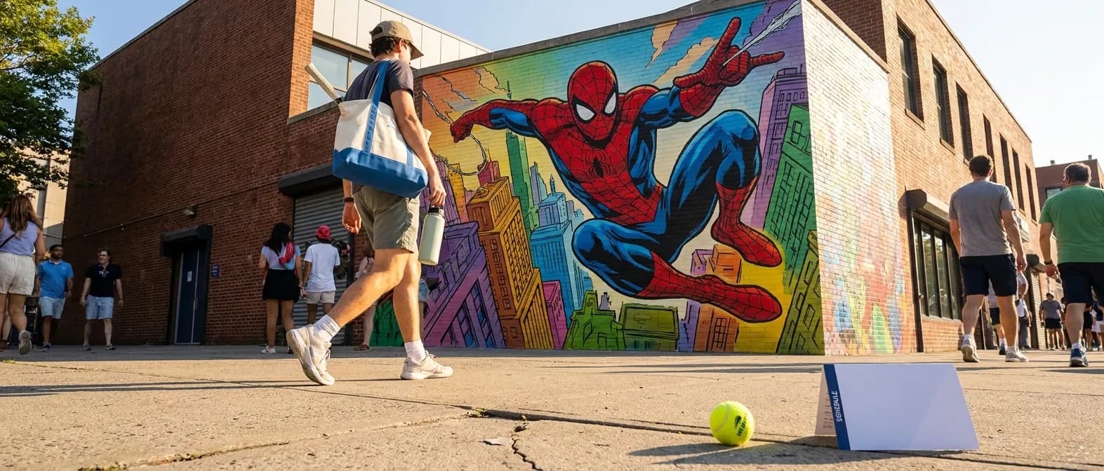A bright Queens local-life scene connected to Spiderman Brand New Day Queens Mural Routes Before Tennis.