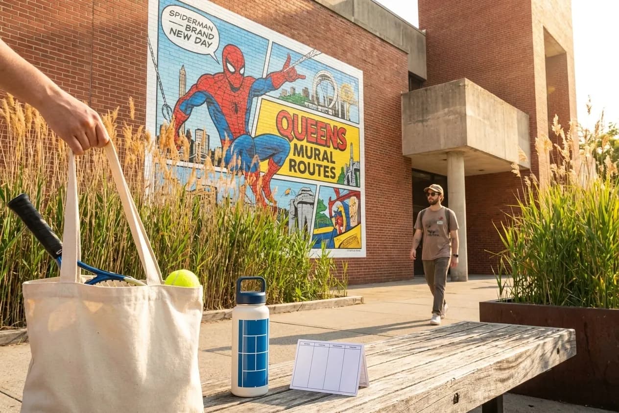 A bright Queens local-life scene connected to Spiderman Brand New Day Queens Mural Routes Before Tennis.