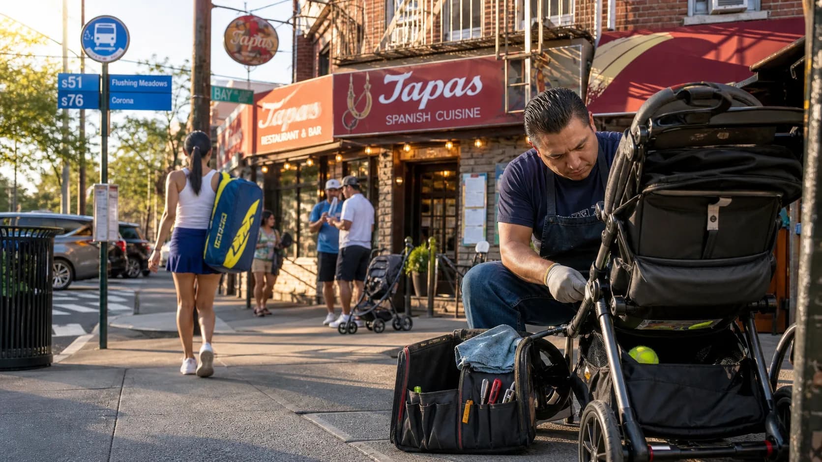 A bright Queens local-life scene connected to Nfl Near US Open 2026: Family Stroller Repair Stops Near Flushing Meadows.