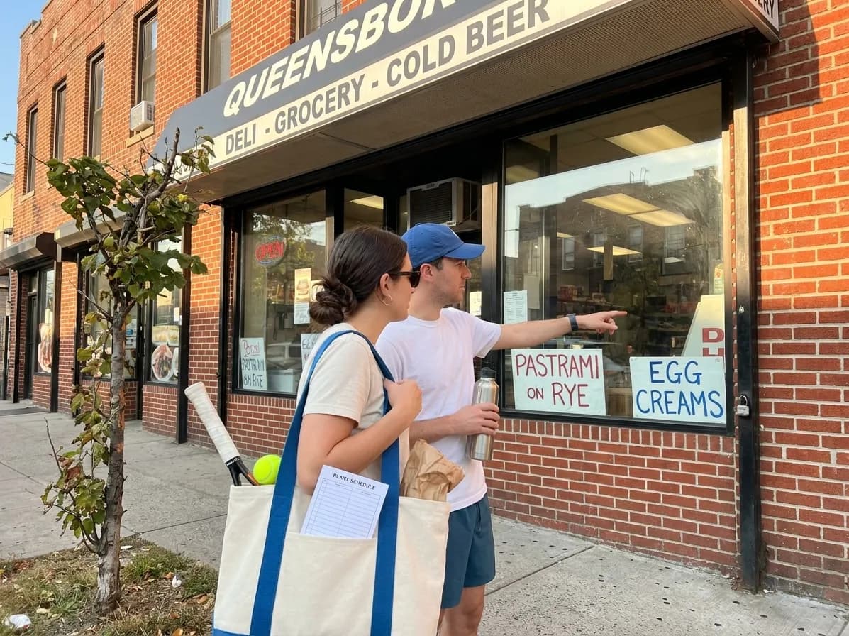 A bright Queens local-life scene connected to Yankees vs White Sox Deli Stops Before Tennis Nights.