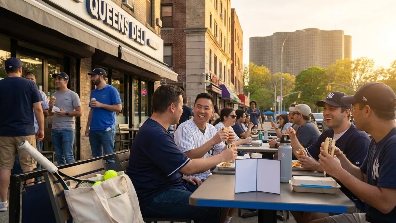 A bright Queens local-life scene connected to Yankees vs White Sox Deli Stops Before Tennis Nights.
