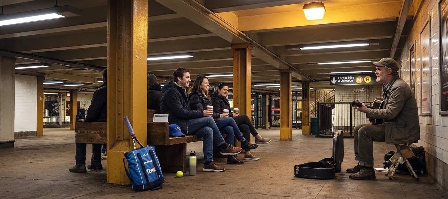A bright Queens local-life scene connected to Glen Hansard Acoustic Corners for Calm US Open Evenings.