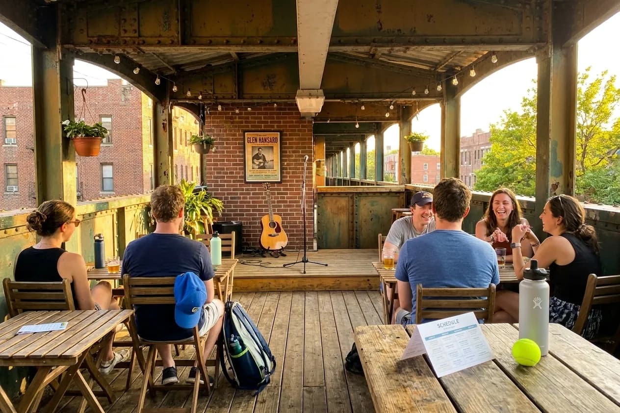 A bright Queens local-life scene connected to Glen Hansard Acoustic Corners for Calm US Open Evenings.
