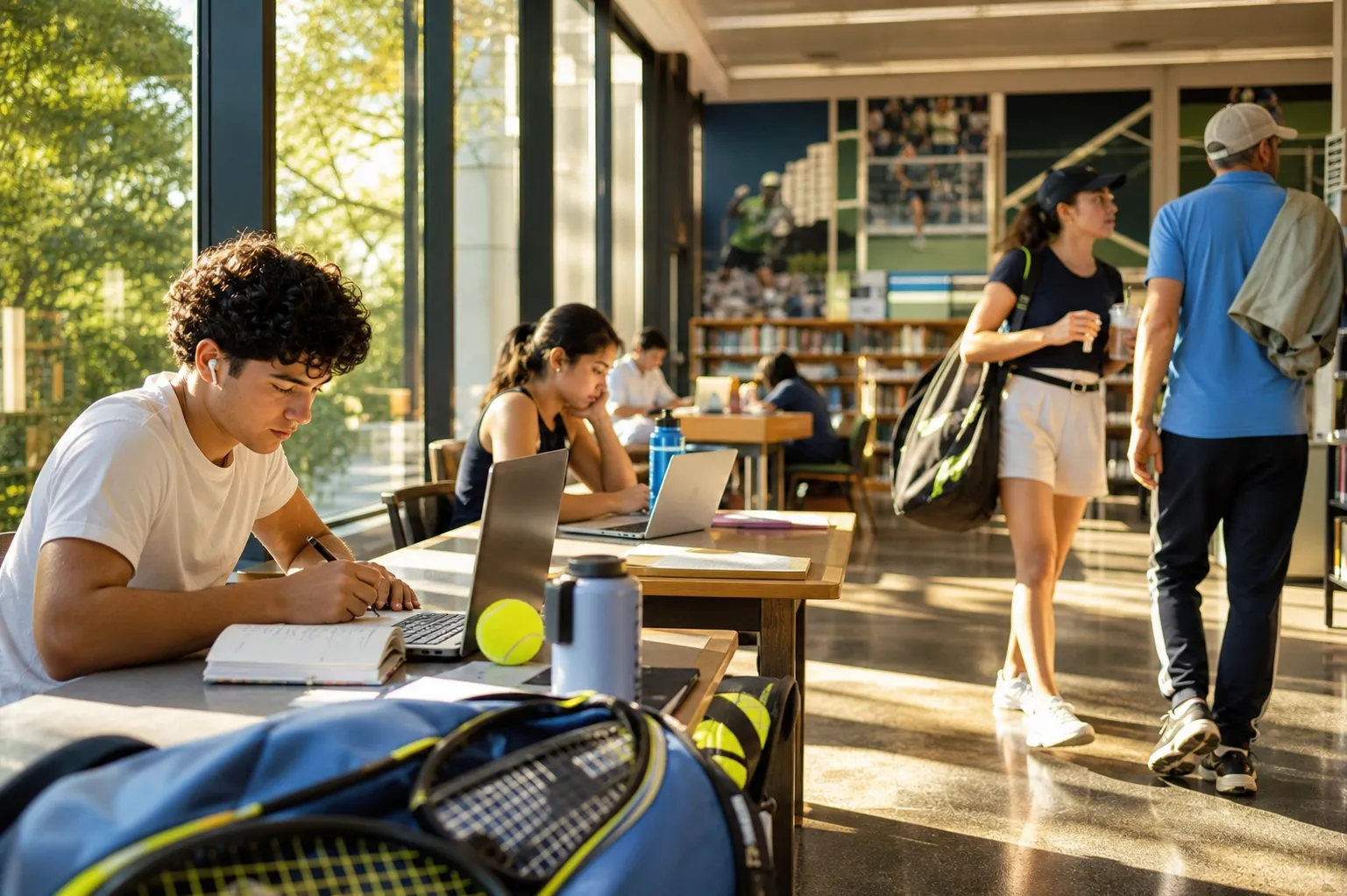 A bright Queens local-life scene connected to Leagues Cup Near US Open 2026: Quiet Library Work Tables Between Matches.