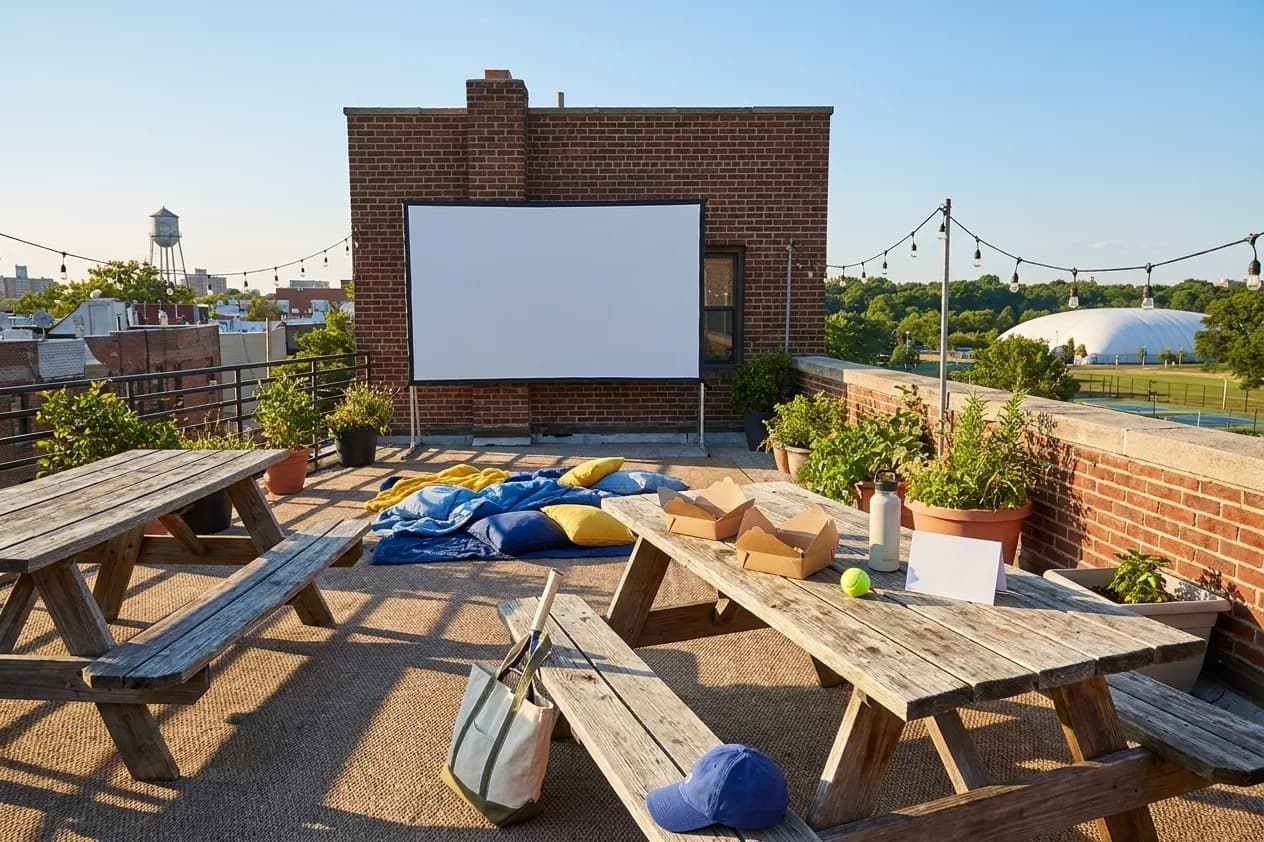 A bright Queens local-life scene connected to Wicker Movie Fans Rooftop Cinema Picnics Near 2026 US Open.
