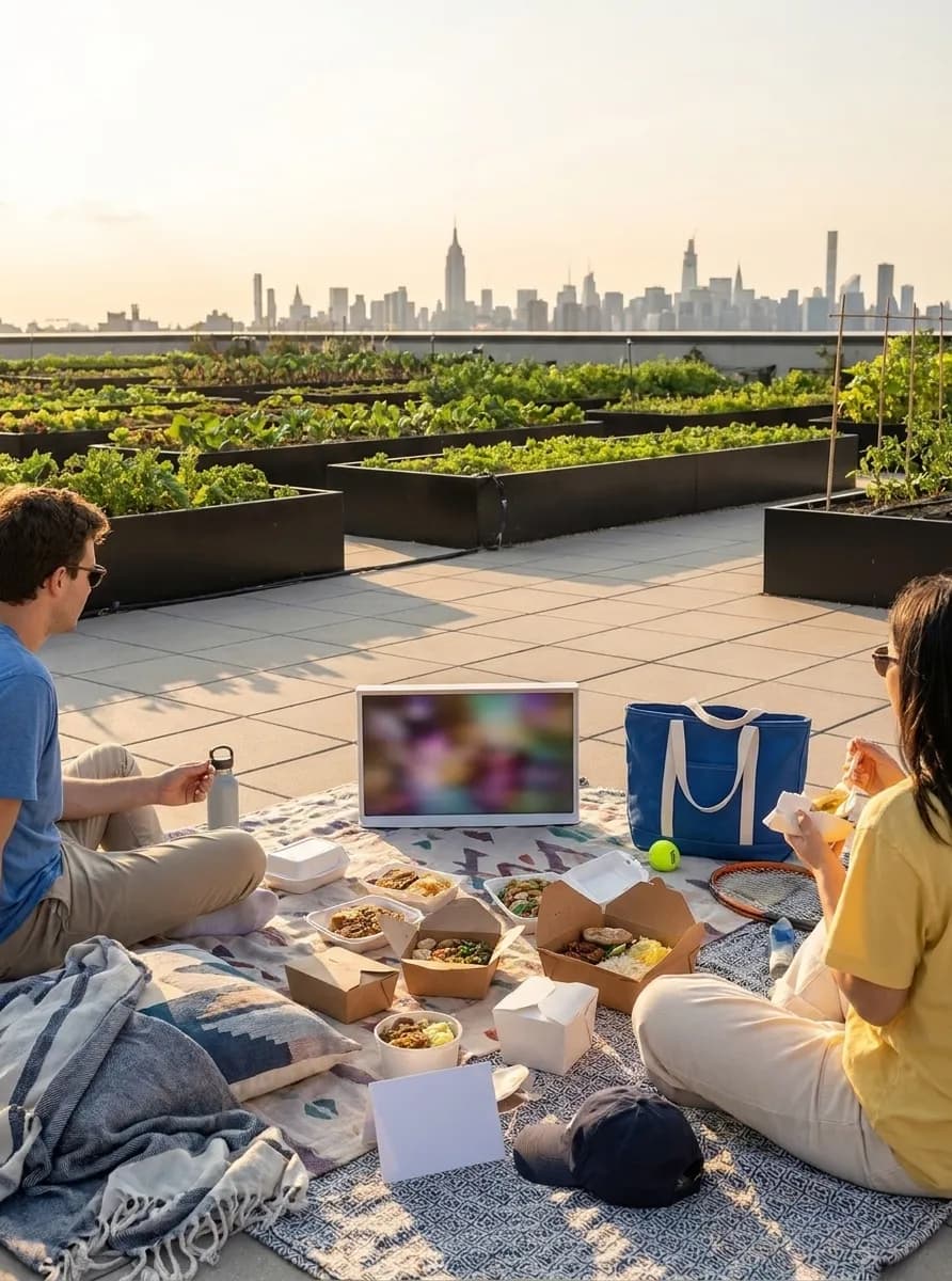 Bright New York local-life cover for Wicker Movie Fans Rooftop Cinema Picnics Near 2026 US Open.