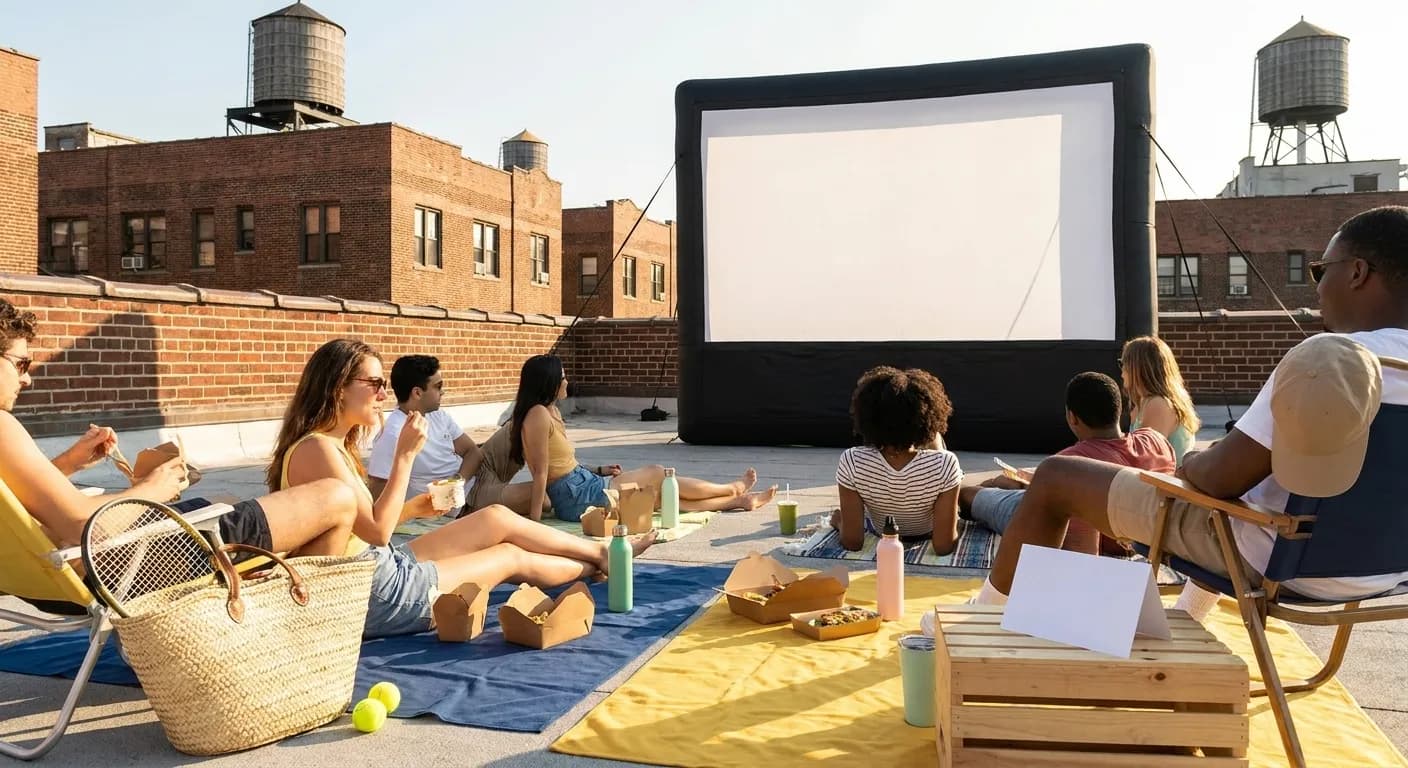 A bright Queens local-life scene connected to Wicker Movie Fans Rooftop Cinema Picnics Near 2026 US Open.
