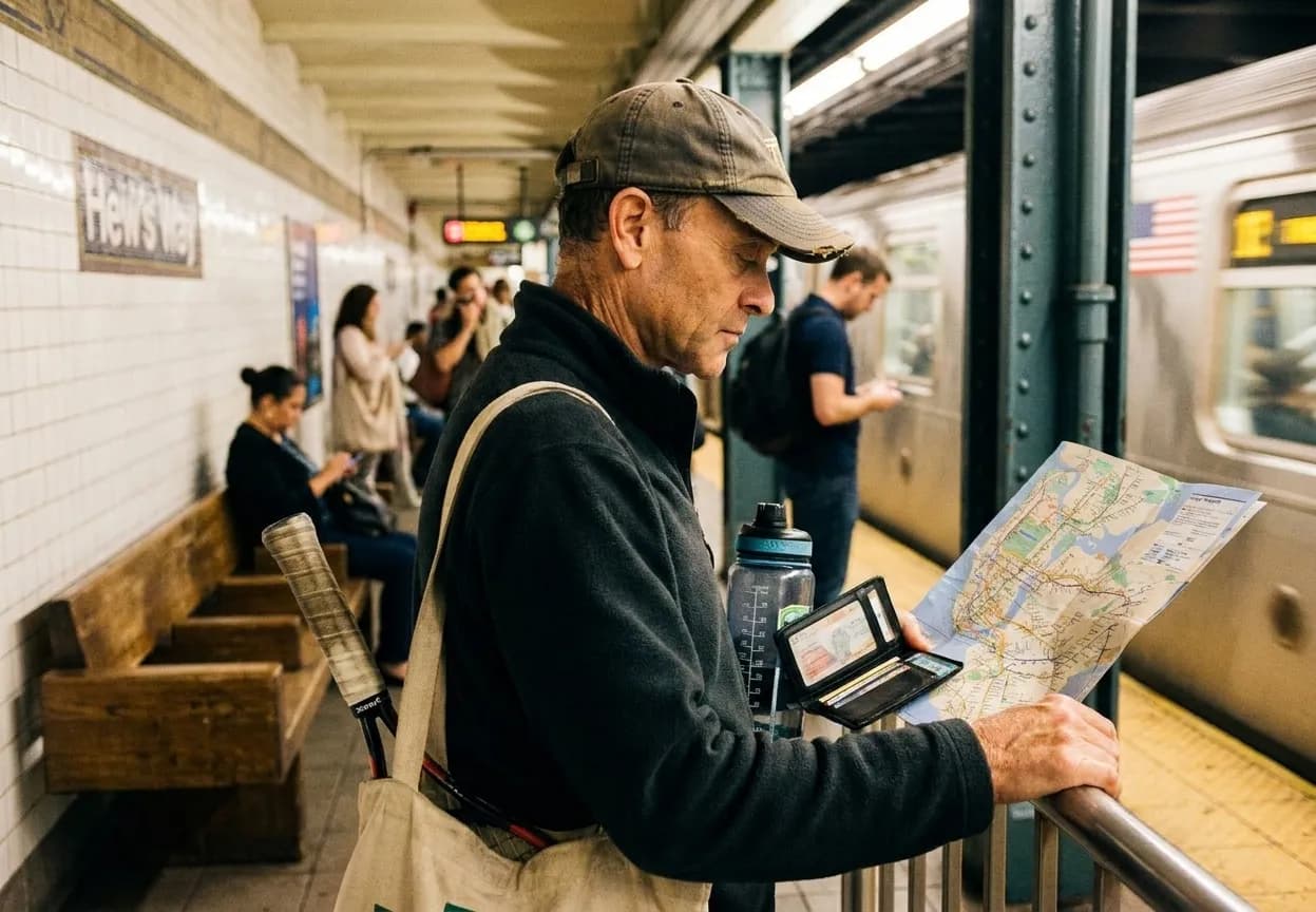 A bright Queens local-life scene inspired by new york subway platform, with subtle US Open details.