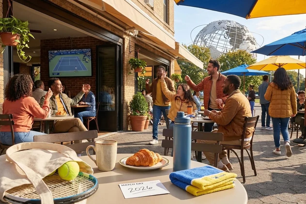 Bright Queens local-life detail for Tennis Scores Live-Check Cafes Near US Open 2026.