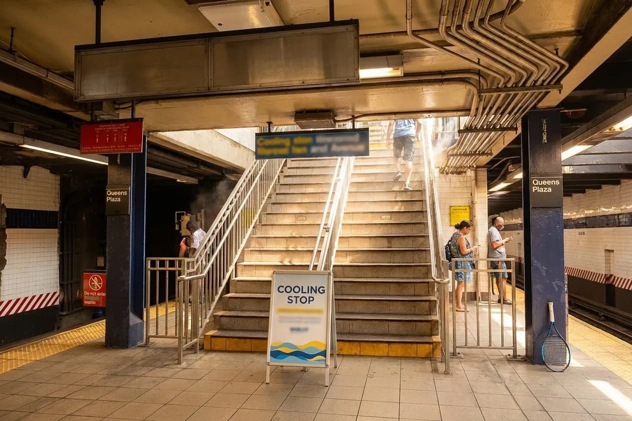 A bright New York local-life cover for Heat Advisory Cooling Stops Near Flushing Meadows US Open Routes, inspired by queens subway station.
