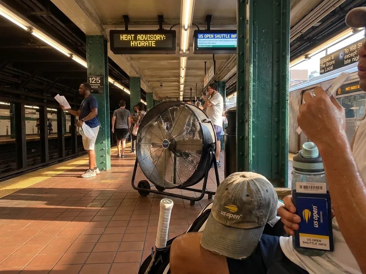 A bright Queens local-life scene inspired by new york subway platform, with subtle US Open details.